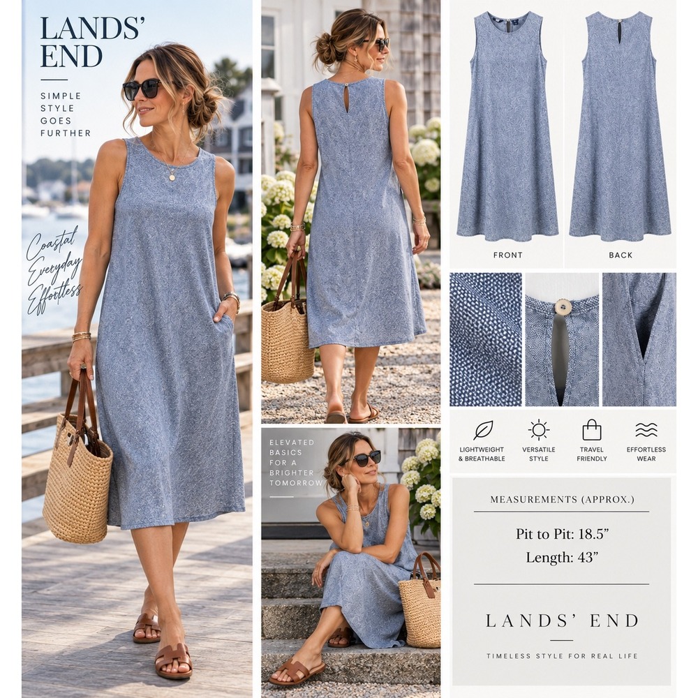 Lands' End 1X Blue Linen Look Midi Dress Pockets Coastal Quiet Luxury 16W 18W